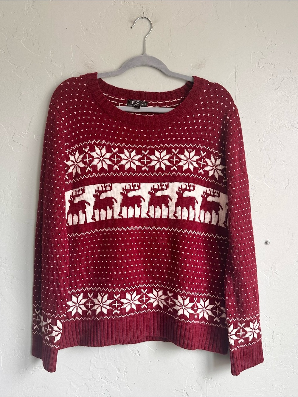 POL Women’s Red Fair Isle Reindeer Winter Holiday Sweater Large Cottagecore Xmas